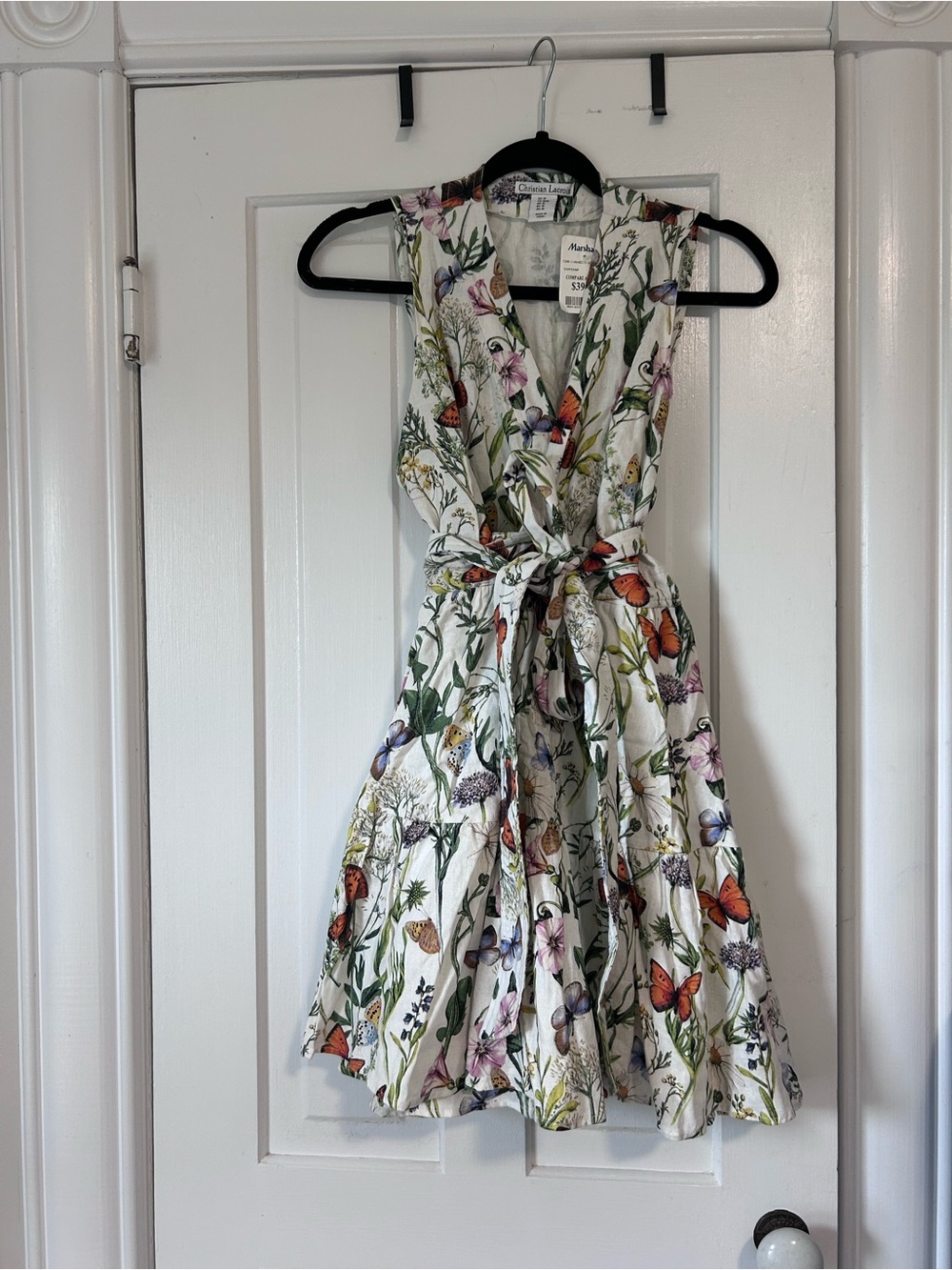 Christian Lacroix White Floral & Butterfly Tie-Waist Sundress